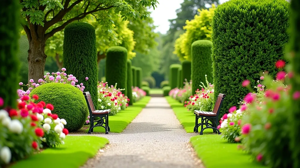 Ornamental garden with flowering shrubs, manicured pathways, and comfortable seating areas for visitors to rest