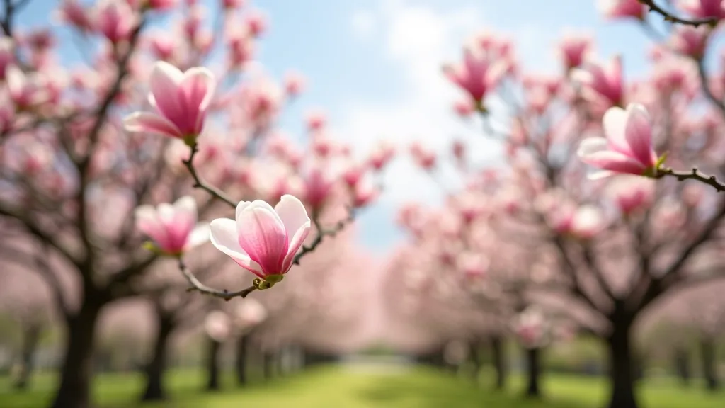 Magnolia trees in full bloom with pink and white flowers creating a spectacular spring display in botanical garden