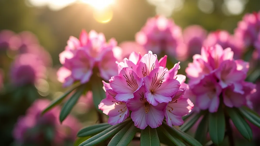 Rhododendron and azalea blooms in vibrant pink and purple hues, dense flowering shrubs creating a botanical spectacle, morning light highlighting the blooms