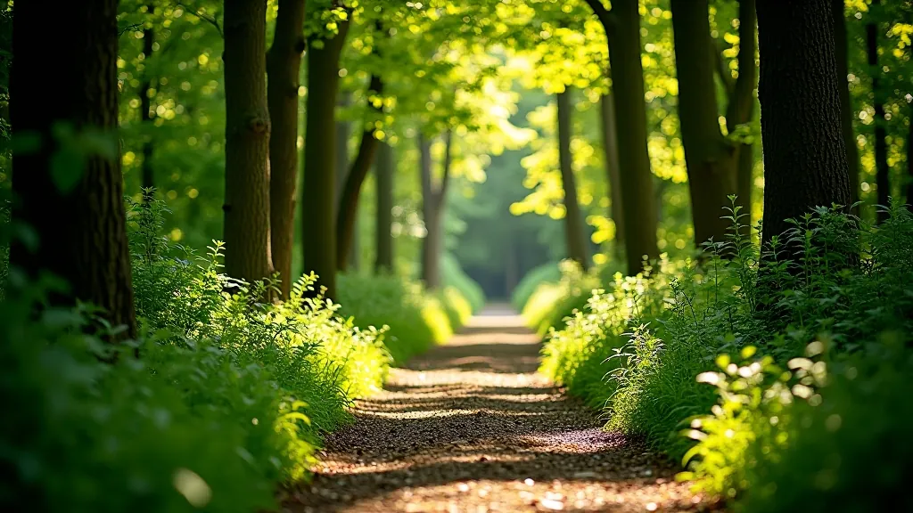 Beautiful natural walking path through green woodland with dappled sunlight