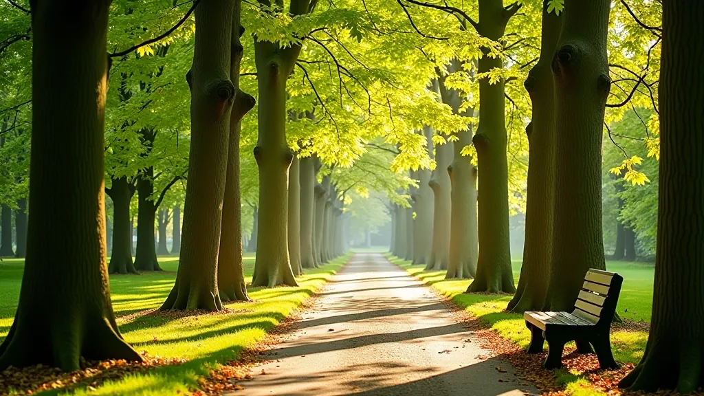 Peaceful woodland path with mature trees and dappled sunlight filtering through leaves in a city park setting