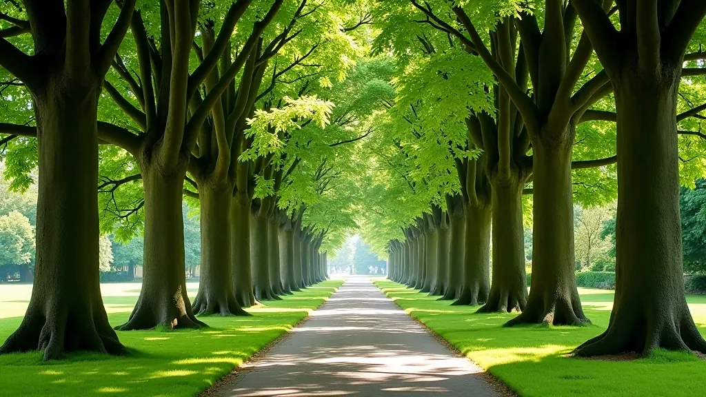 Dramatic tree-lined avenue at Fota with towering conifers creating natural archway, sunlight filtering through, peaceful garden walking path
