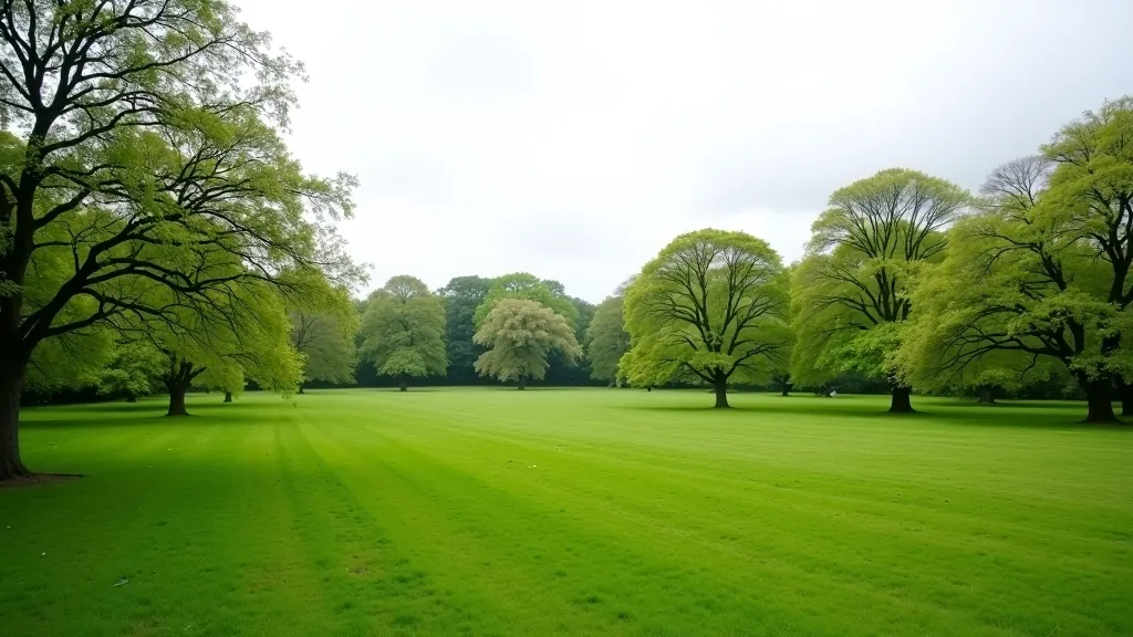 Scenic park landscape with mature trees and open grassland